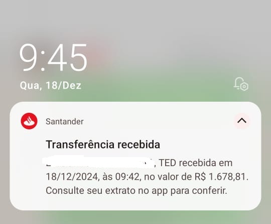 Transferência recebida Santander - R$ 1.678,81