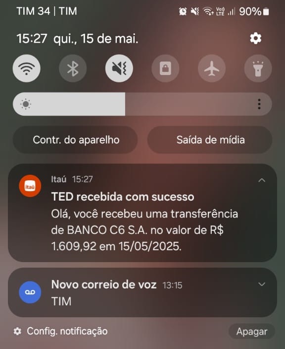 TED recebida com sucesso - R$ 1.609,92