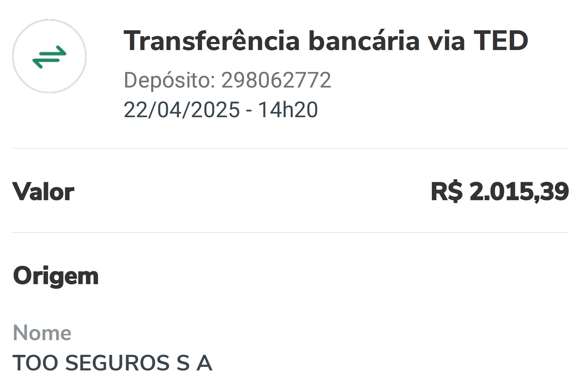Transferência bancária via TED - R$ 2.015,39